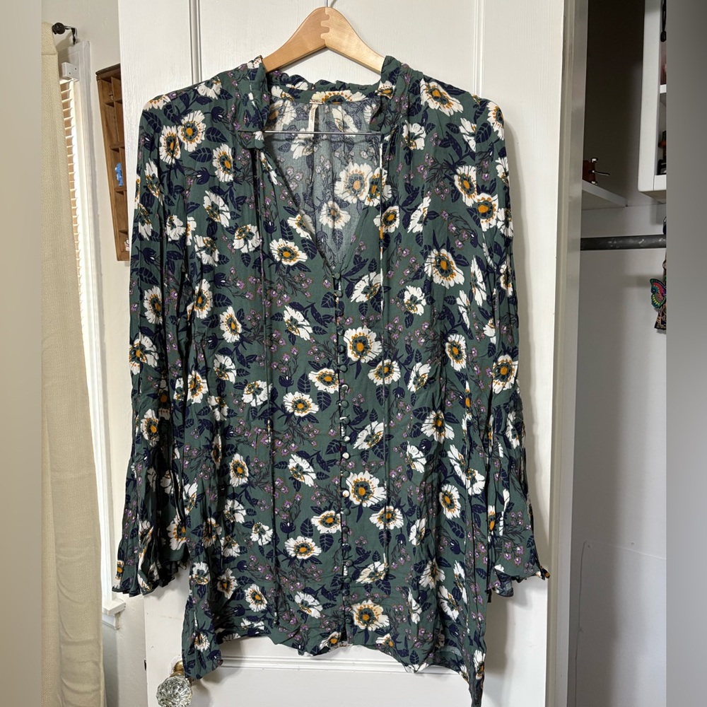 Free People Bell Sleeve Floral Green Tunic